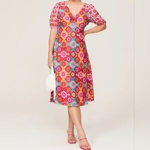 Donna Morgan Women's Daisy Gingham V-Neck Midi Dress, Soft White/Petunia Pink 12